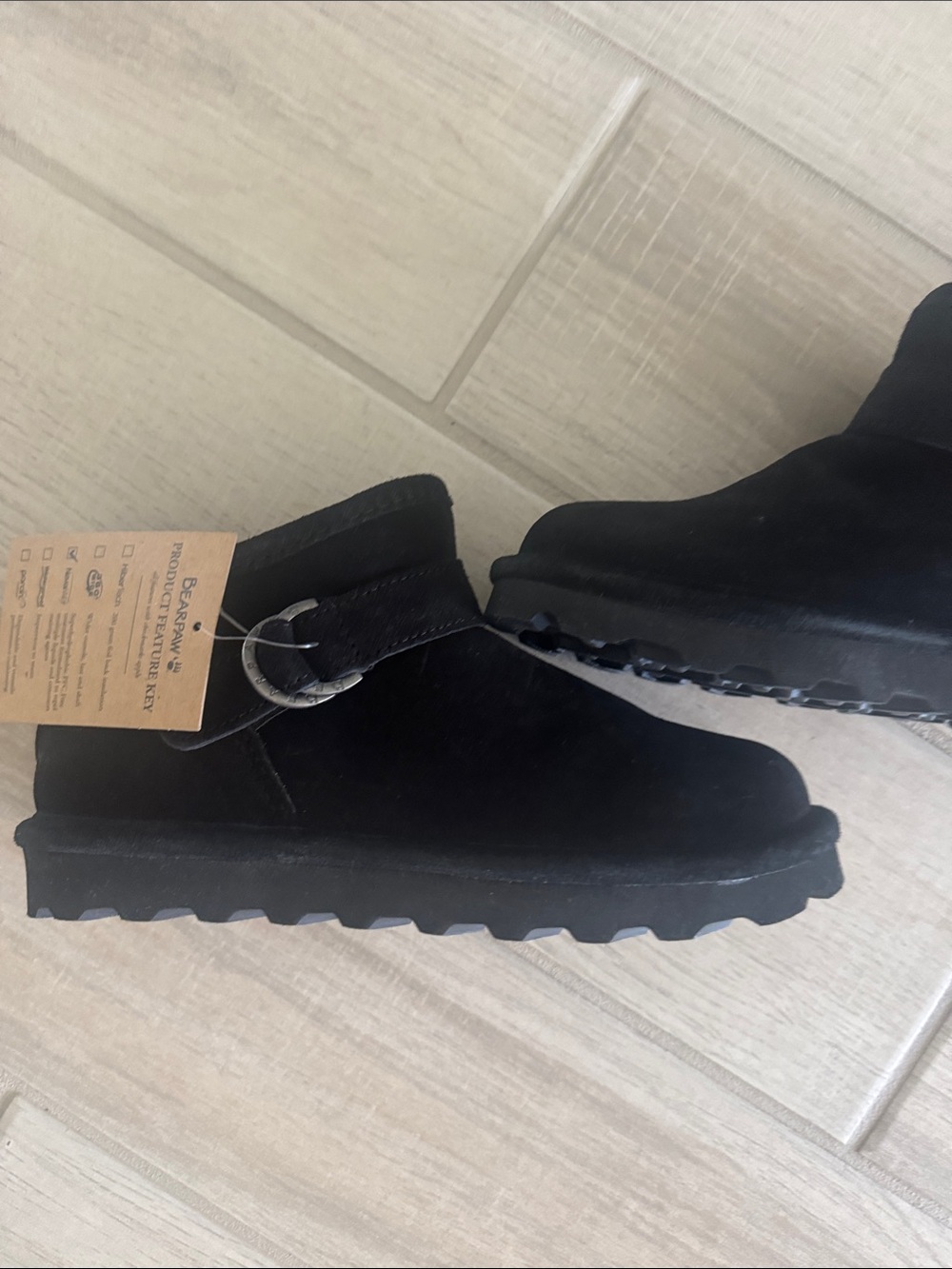 BearPaw women’s  Black Suede Buckle Ankle Slippers